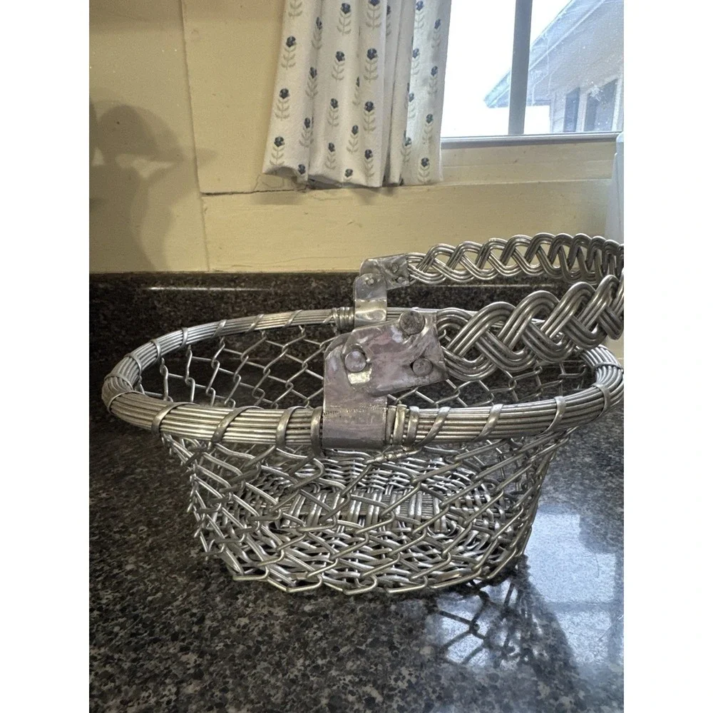 Vintage Aluminum Wire Basket with a Braided Handle‎